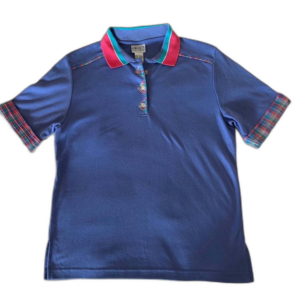 VTG Koret Francisca Blue Polo Shirt Plaid Details Grandmacore, 1980s, Size S